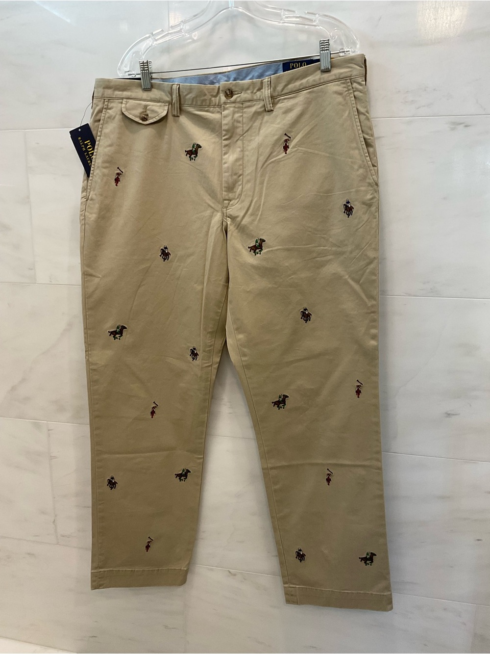 POLO Ralph Lauren Tan ALL OVER PLAYER Stretch Straight Fit Pants size 38-30 T76